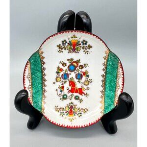 Vintage Austrian Handmade Enamel Trinket Bowl Dish Horses Folk Art Gilt Accents